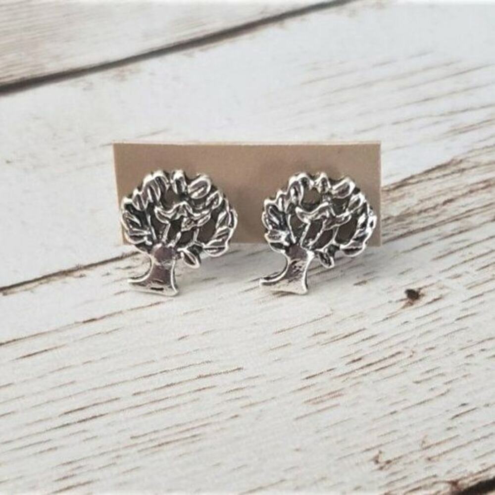 Silver Tone Tree Stud Earrings - New